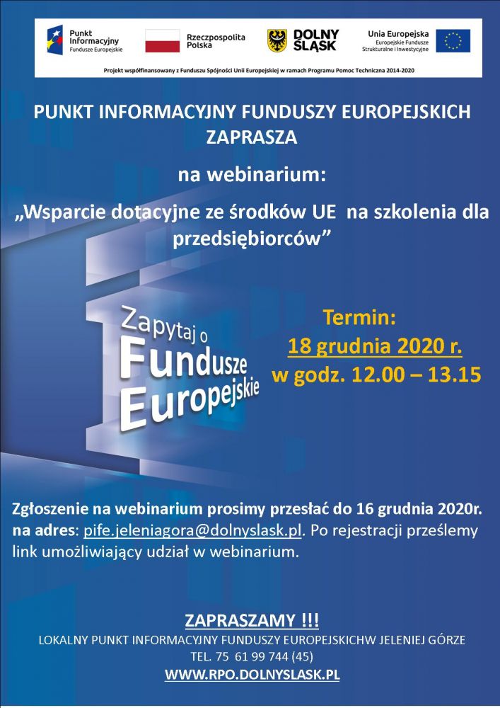 Webinarium „Wsparcie dotacyjne ze środków UE na szkolenia dla  przedsiębiorców  ”