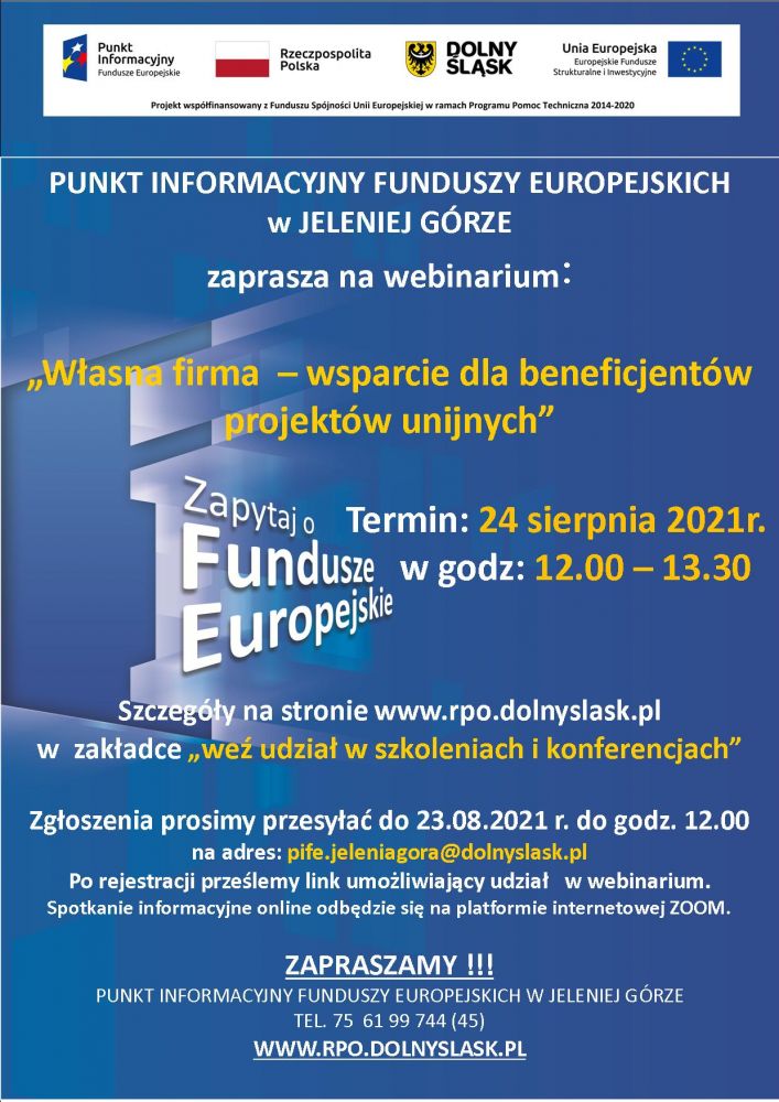 Zaproszenie na webinarium pt. „Własna firma  – wsparcie dla beneficjentów projektów unijnych”