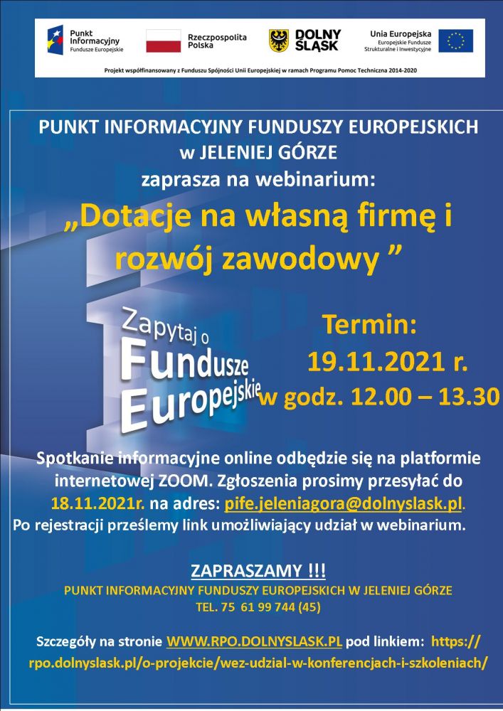 Webinarium pt. „Dotacje na własną firmę i rozwój zawodowy 