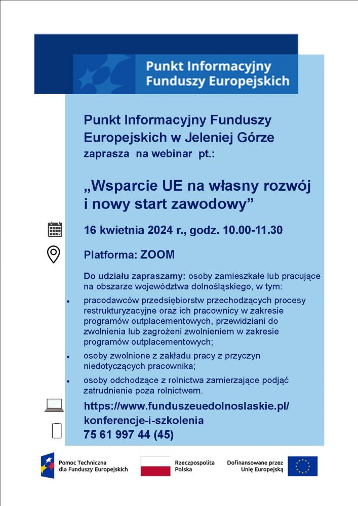 Webinarium pt. „Wsparcie UE na własny rozwój i nowy start zawodowy”.