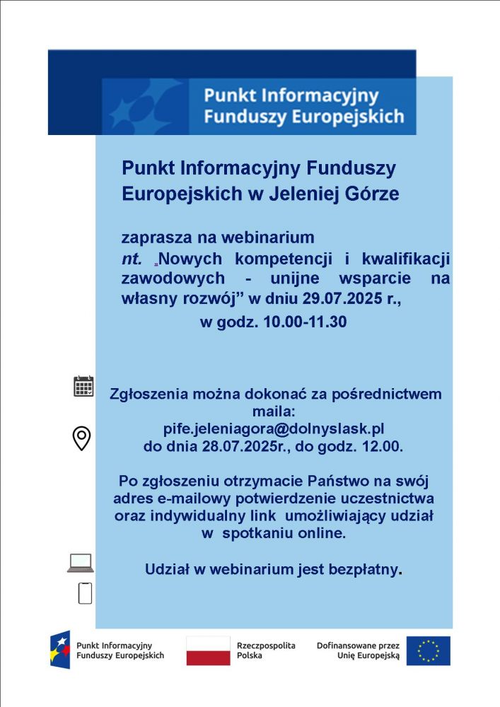 Webinarium pt. „Nowe kompetencje i kwalifikacje zawodowe – unijne wsparcie na własny rozwój”.