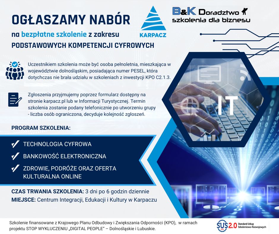 Ogłaszamy nabór na bezpłatne szkolenie z zakresu PODSTAWOWYCH KOMPETENCJI CYFROWYCH