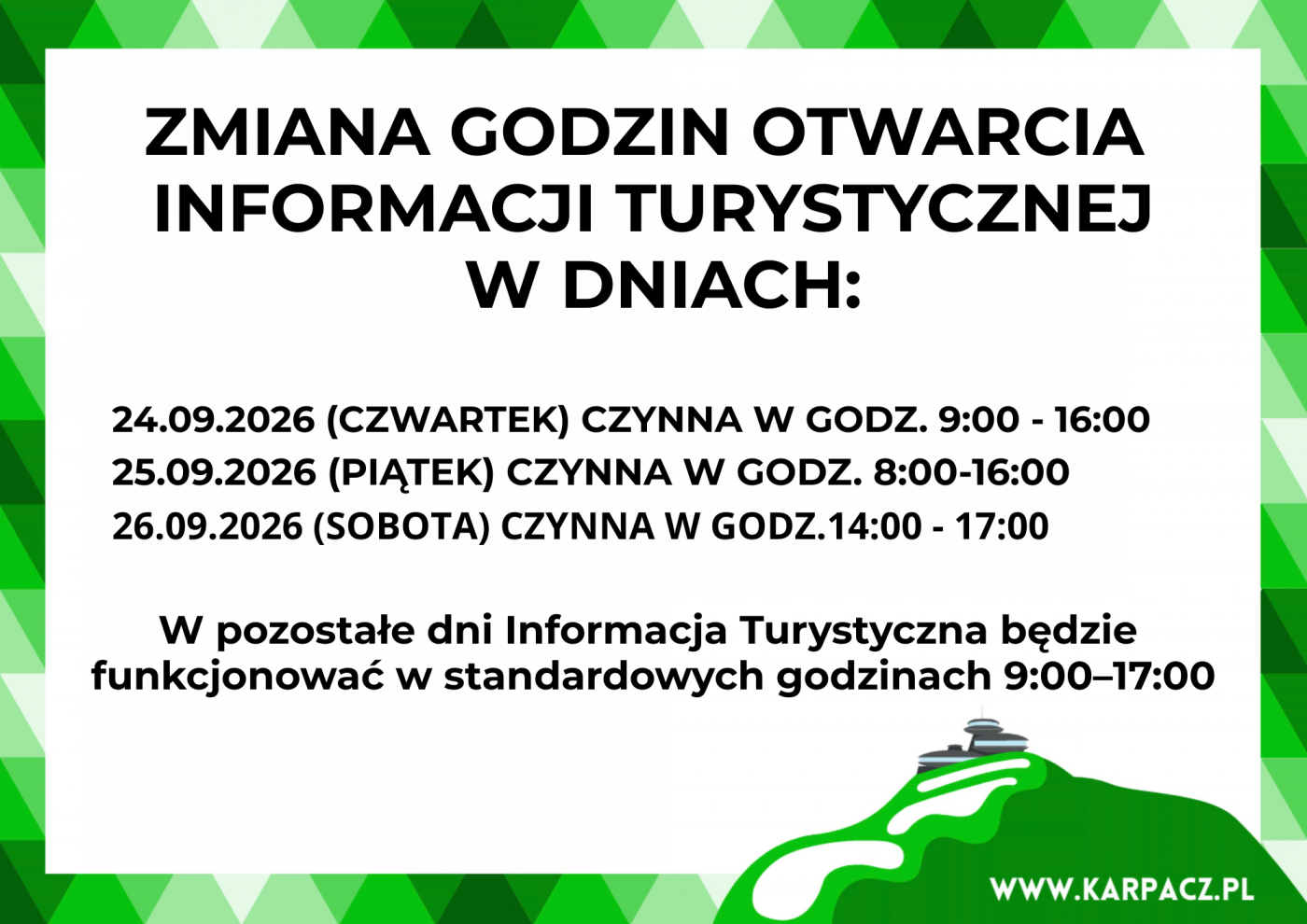 Zmiana godzin otwarcia Informacji Turystycznej