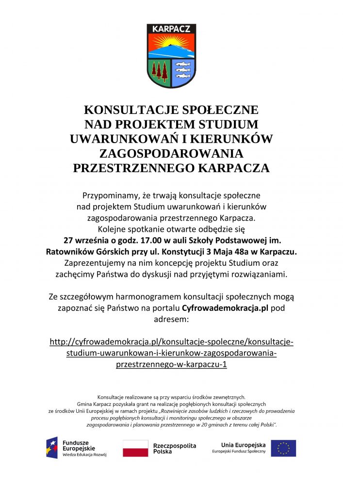 Konsultacje społeczne nad projektem Studium uwarunkowań i kierunków zagospodarowania przestrzennego Karpacza