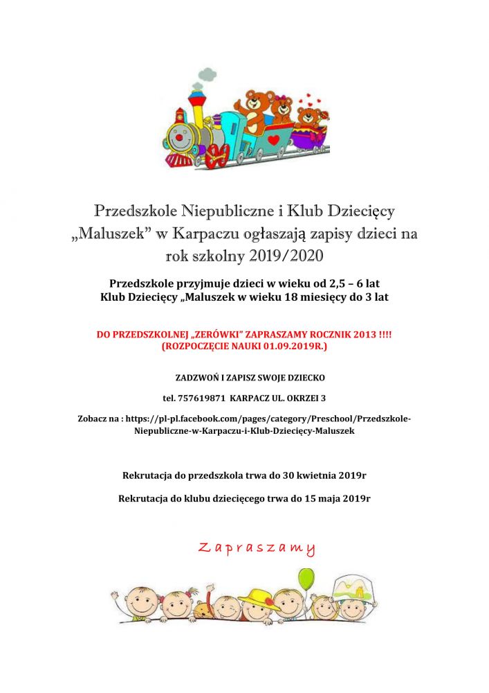 Rekrutacja do Przedszkola Niepublicznego i Klubu Dziecięcego „Maluszek” w Karpaczu