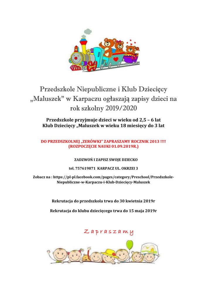 Rekrutacja do Przedszkola Niepublicznego i Klubu Dziecięcego „Maluszek” w Karpaczu 