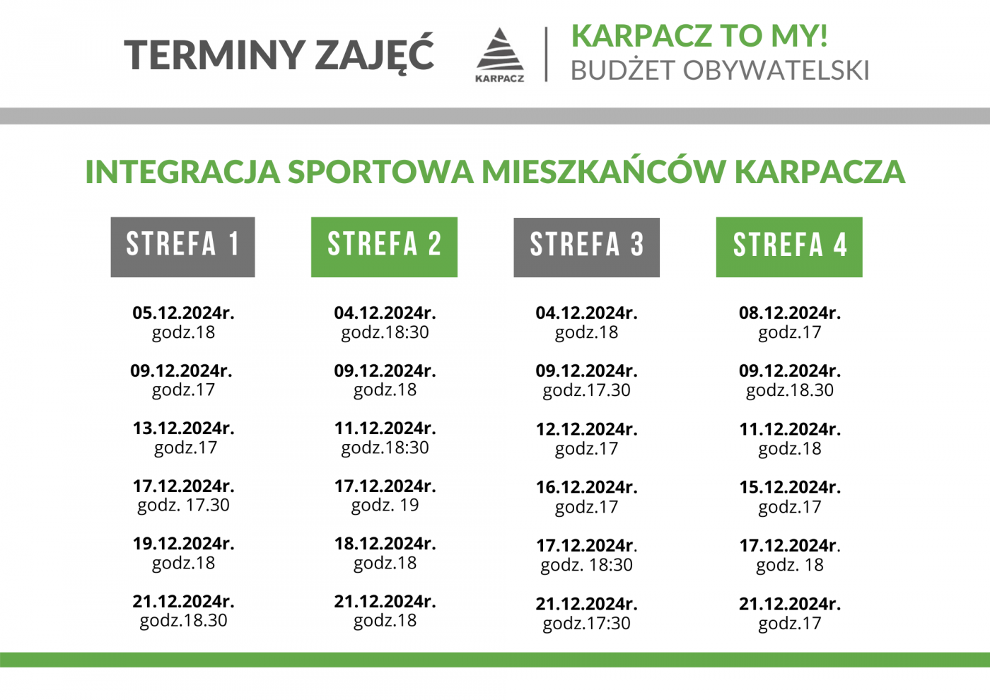 Integracja sportowa mieszkańców - TERMINY ZAJĘĆ GRUDZIEŃ