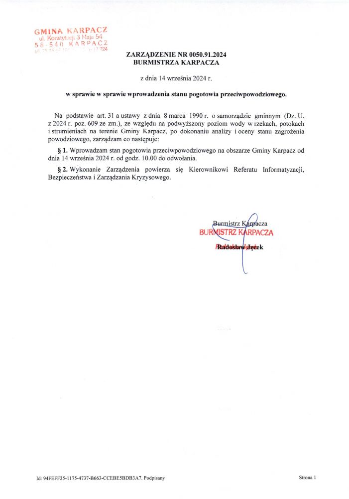 Wprowadzenie pogotowia przeciwpowodziowego