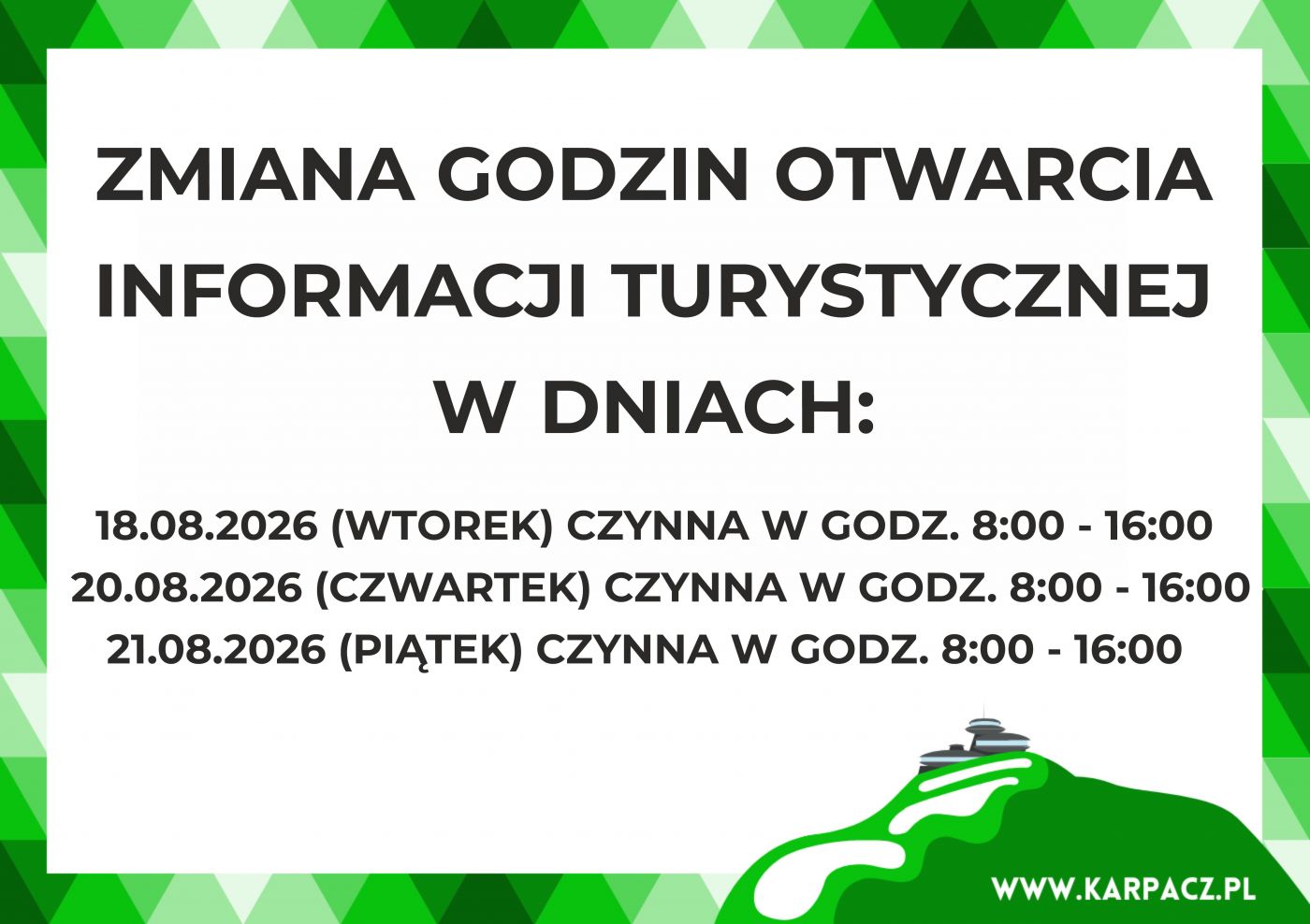 Zmiana godzin otwarcia Informacji Turystycznej