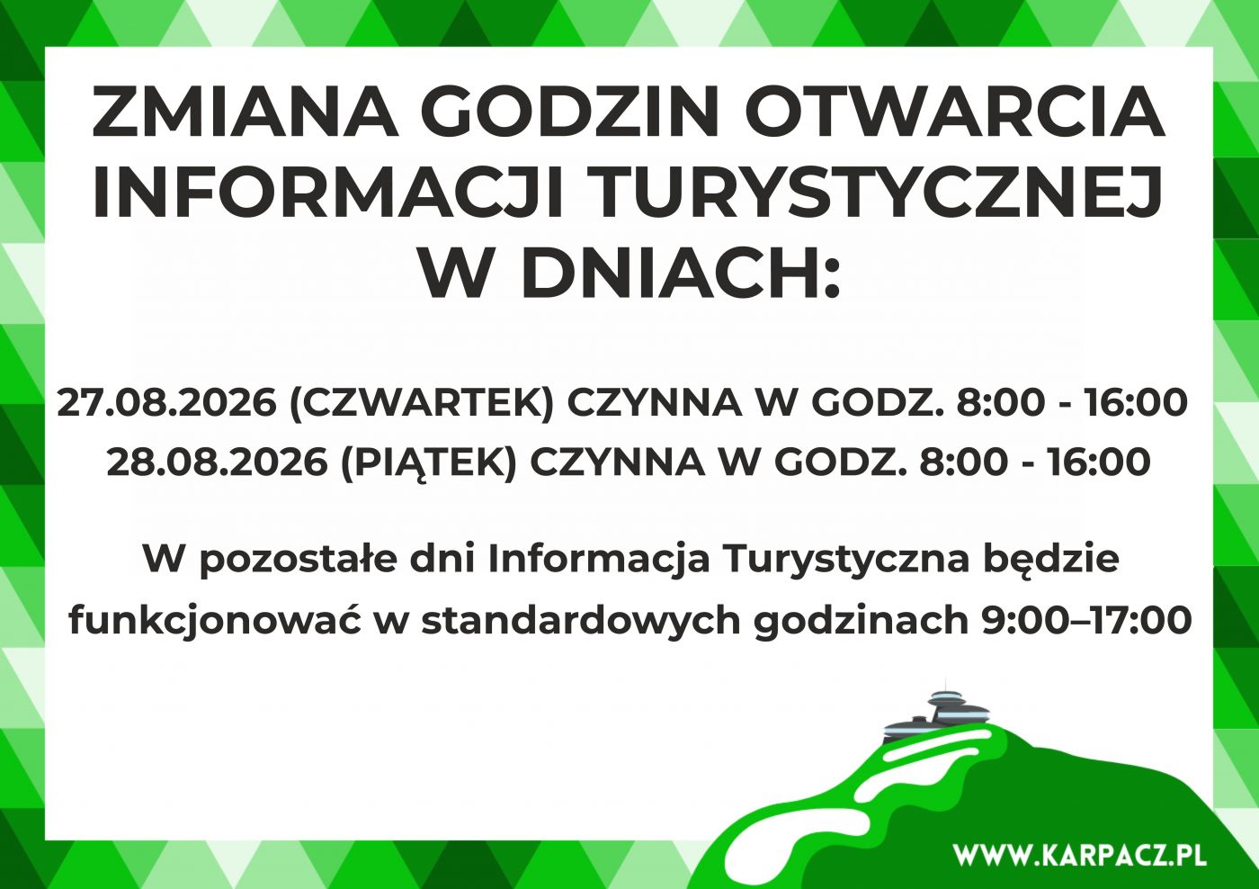 Zmiana godzin otwarcia Informacji Turystycznej