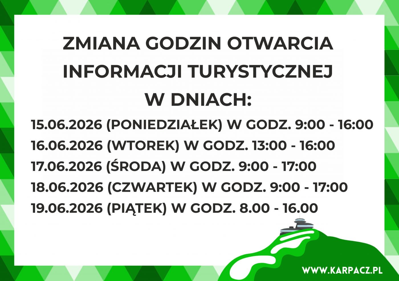 Zmiana godzin otwarcia Informacji Turystycznej