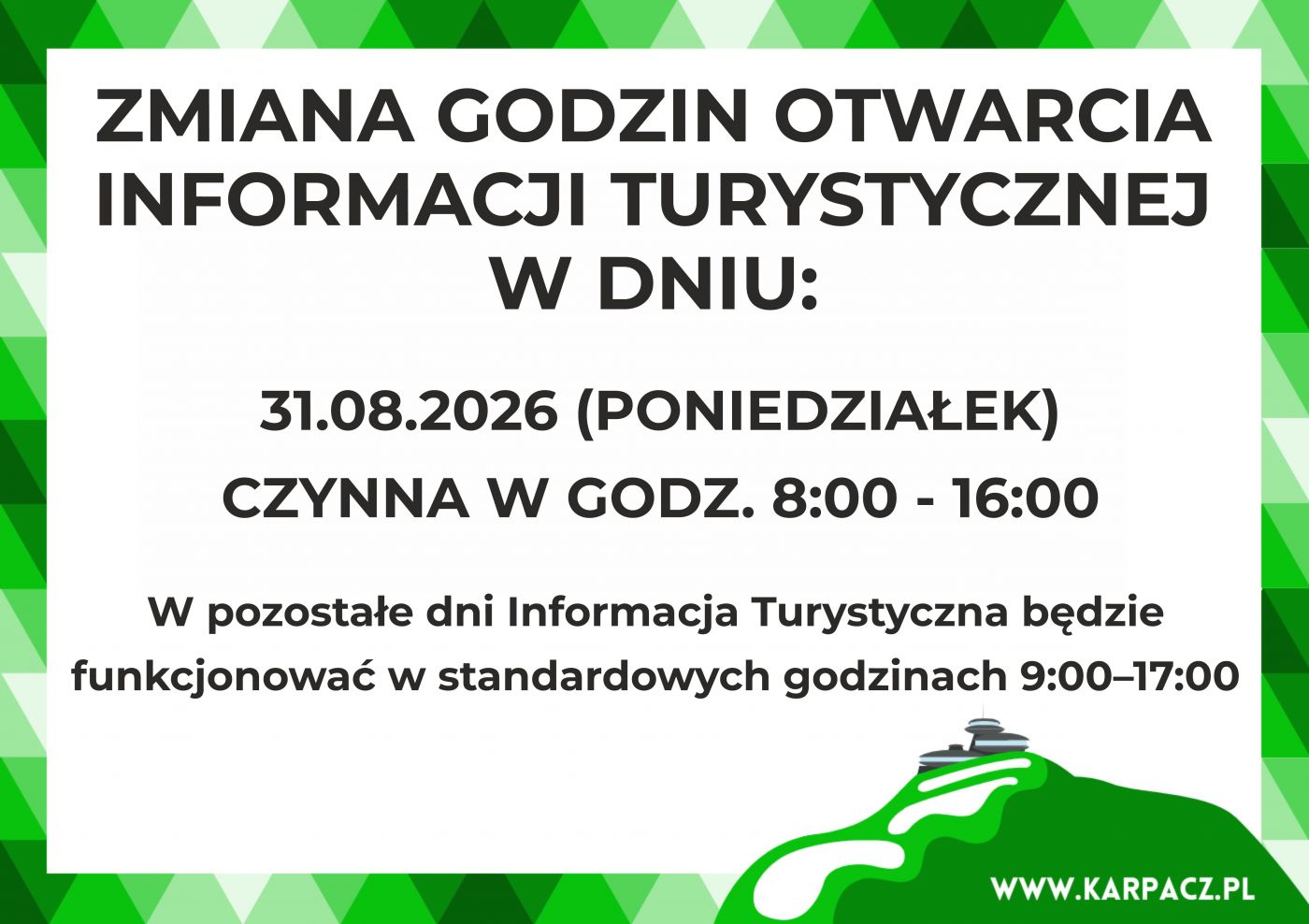 Zmiana godzin otwarcia Informacji Turystycznej