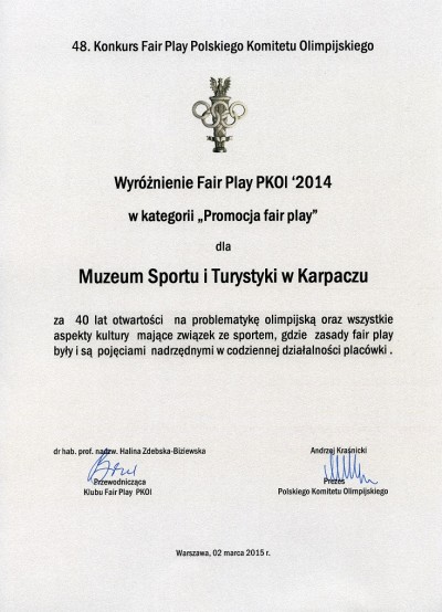Muzeum Sportu i Turystyki w Karpaczu wśród  laureatów i wyróżnionych nagrodą ”FAIR PLAY” w Polsce w 2014 roku