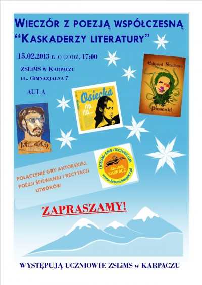W piątek (15 lutego 2013 r.) zapraszamy na wieczór z poezją współczesną „Kaskaderzy literatury”