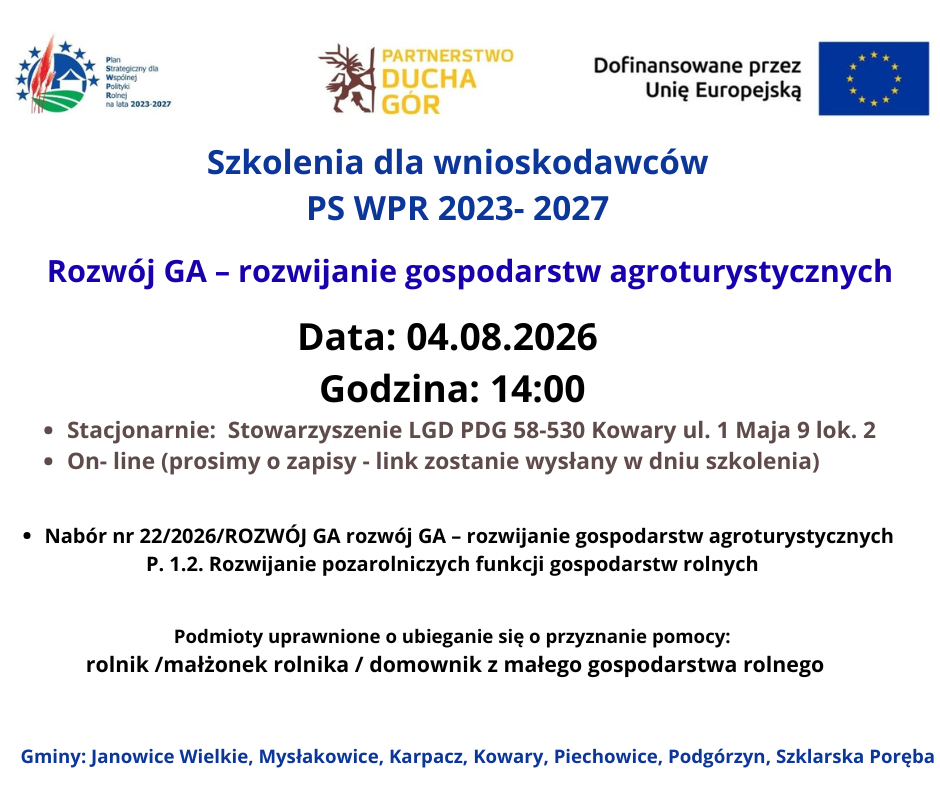 Bezpłatne szkolenie dotyczące rozwoju gospodarstw agroturystycznych Bezpłatne szkolenie dotyczące rozwoju gospodarstw agroturystycznych