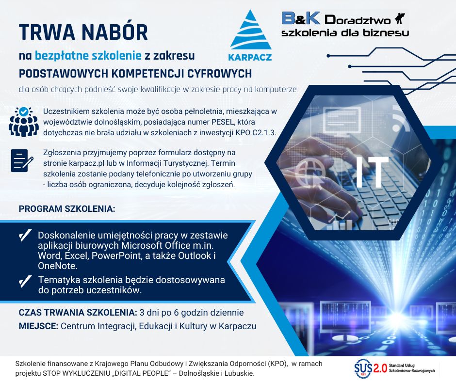 Trwa nabór na bezpłatne szkolenie z zakresu PODSTAWOWYCH KOMPETENCJI CYFROWYCH