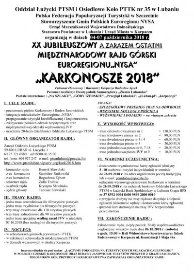 XX Międzynarodowego Rajdu Górskiego Euroregionu NYSA “KARKONOSZE 2018”