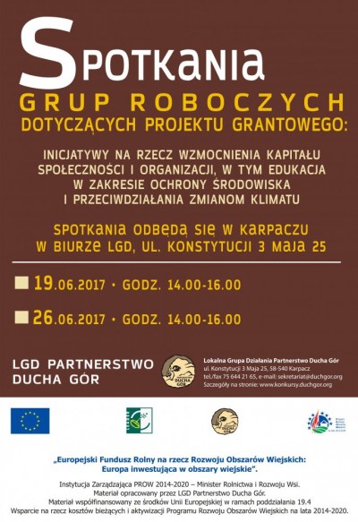 Spotkania grupy roboczej dotyczące projektu grantowego:  Inicjatywy na rzecz wzmocnienia kapitału społeczności i organizacji, w tym edukacja w zakresie  ochrony środowiska i przeciwdziałania zmianom klimatu