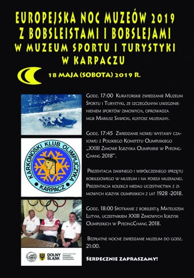 Europejska Noc Muzeów 2019 z bobsleistami i bobslejami w Muzeum Sportu i Turystyki w Karpaczu