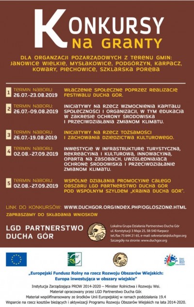 Informacja o ogłoszonych konkursach grantowych LGD Partnerstwo Ducha Gór