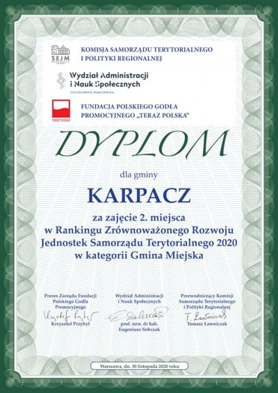 Zdjęcie przedstawia dyplom dla gminy Karpacz.