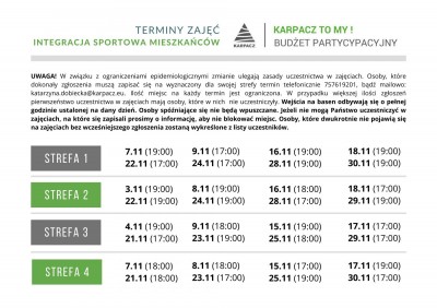 Integracja sportowa mieszkańców - TERMINY ZAJĘĆ