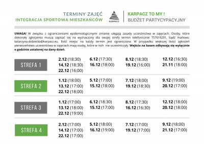 Integracja sportowa mieszkańców - TERMINY ZAJĘĆ