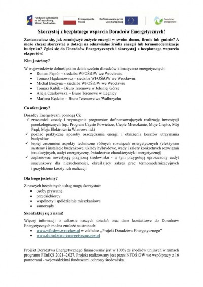 Skorzystaj z bezpłatnego wsparcia Doradców Energetycznych!