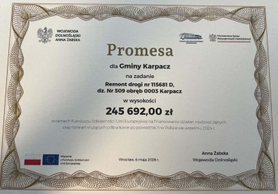 Ponad 5,1 mln zł dla Karpacza z Funduszu Solidarności Unii Europejskiej